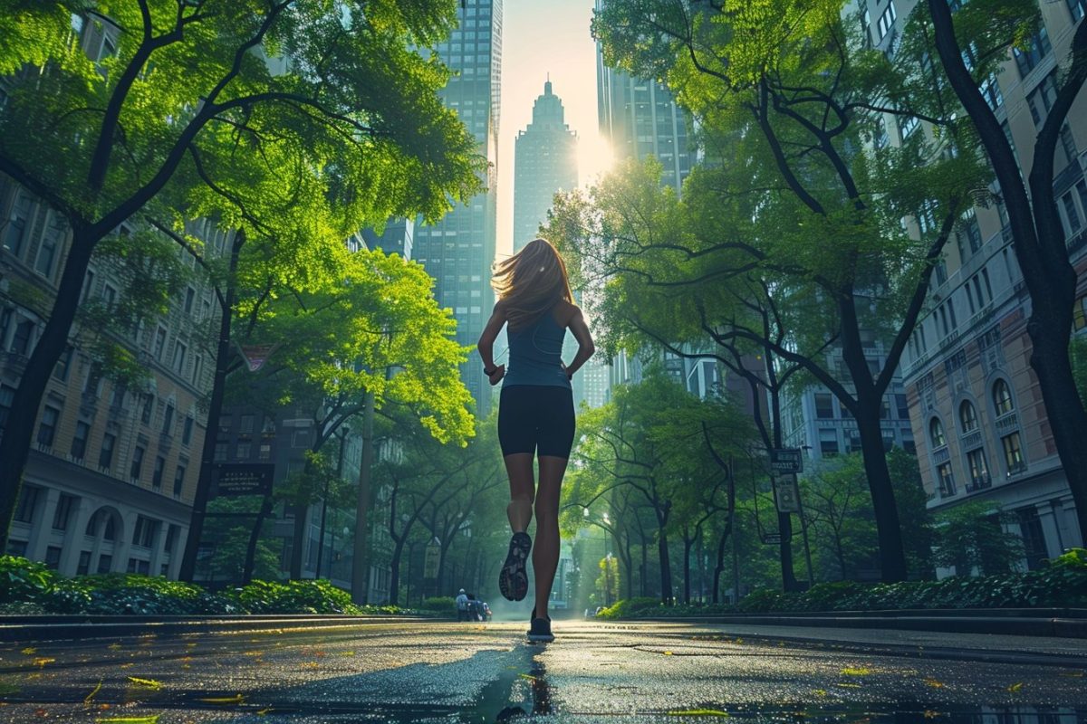 Une femme court en ville, dans une rue bordée d'arbres
