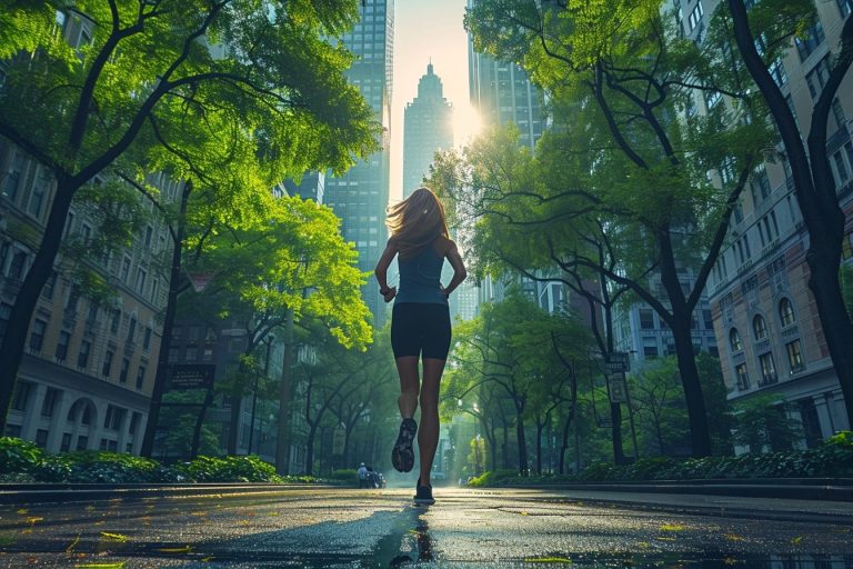 Une femme court en ville, dans une rue bordée d'arbres
