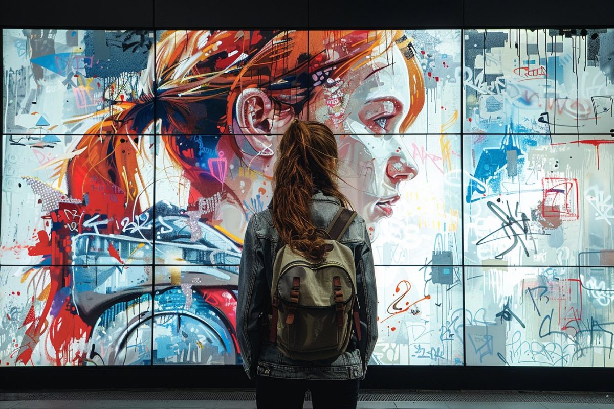 Une femme se tient devant un magnifique street art peint sur un mur