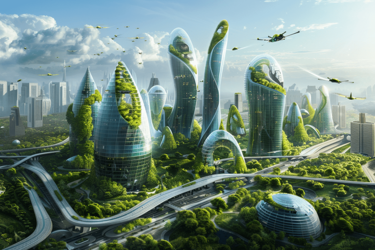 Une ville futuriste avec des immeubles végétalisés