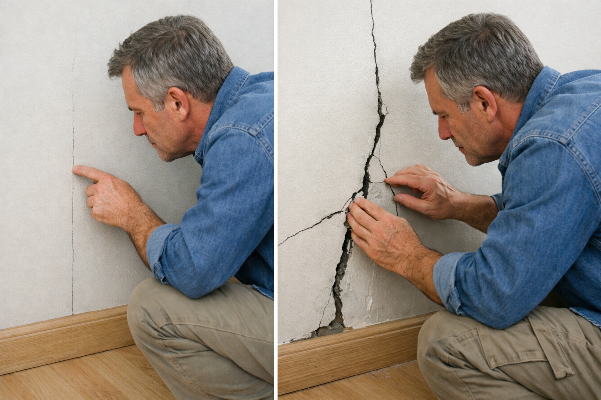 Fissure structurelle dangereuse versus fissure de retrait bénigne sur mur intérieur de maison