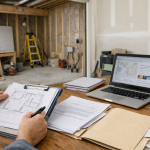 Bureau de chantier avec plans et ordinateur portable