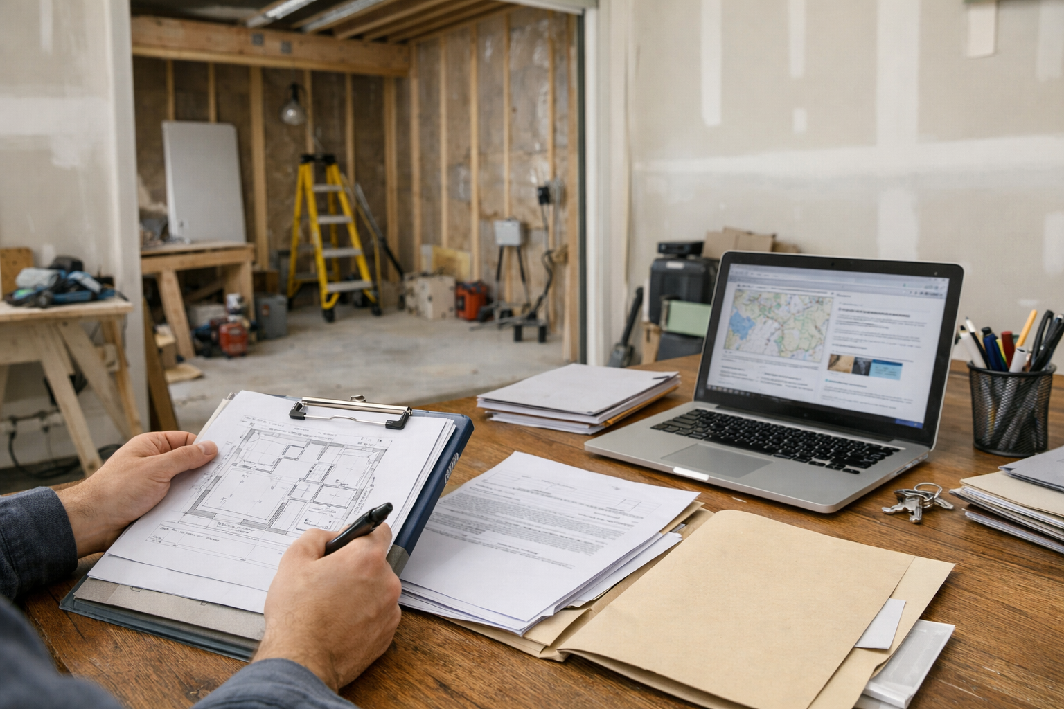 Bureau de chantier avec plans et ordinateur portable
