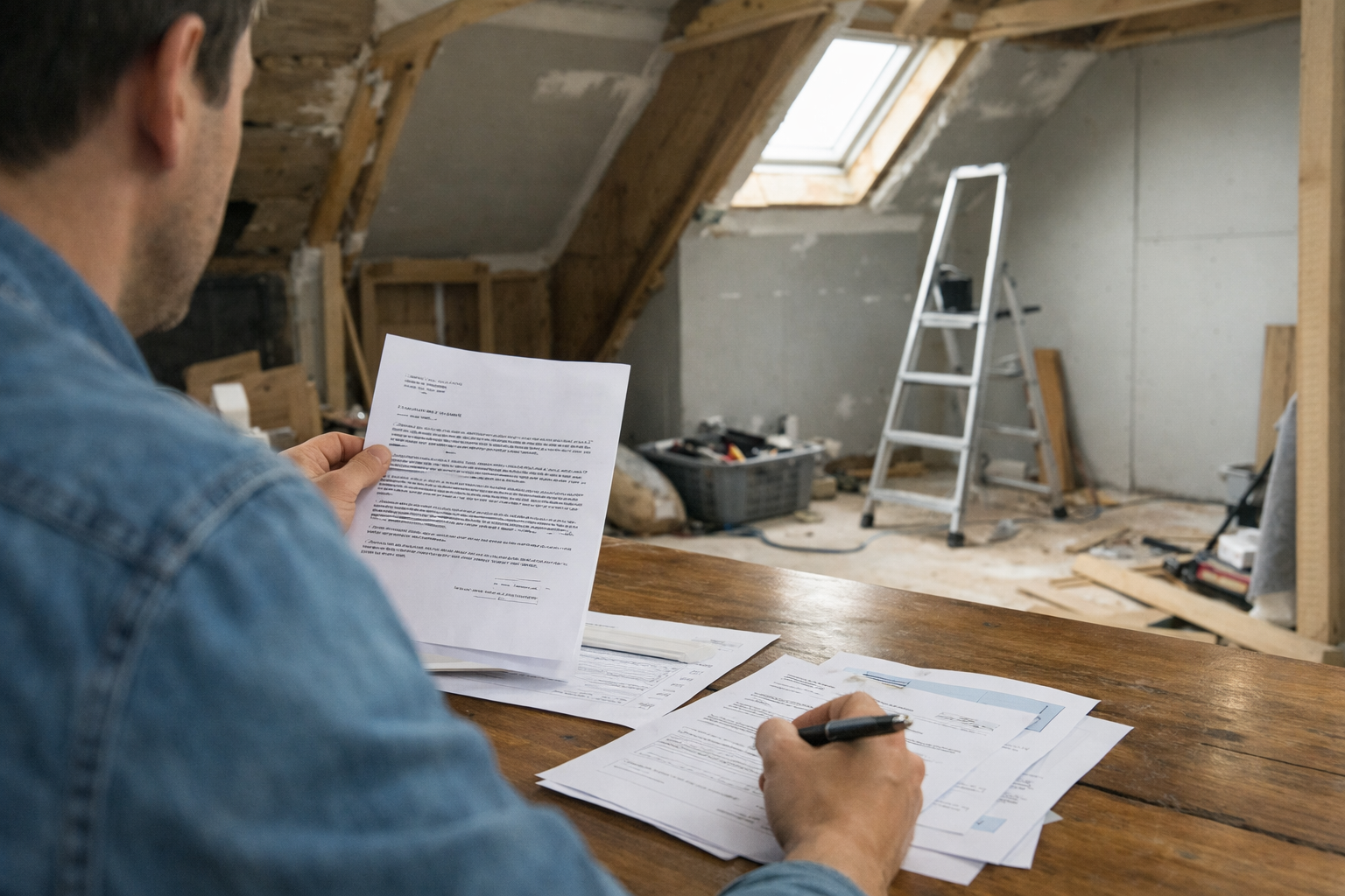 Personne examinant des documents dans un grenier