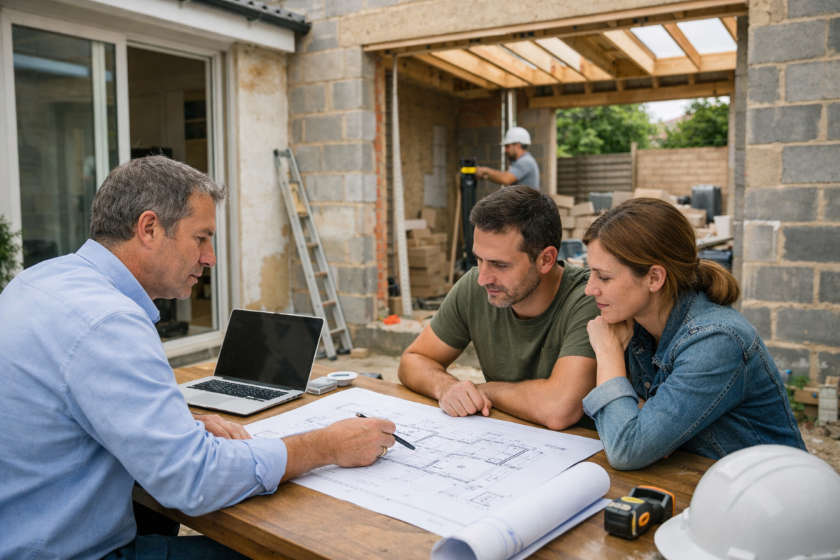 Architecte et couple examinant plans sur chantier