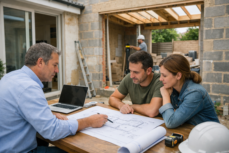 Architecte et couple examinant plans sur chantier