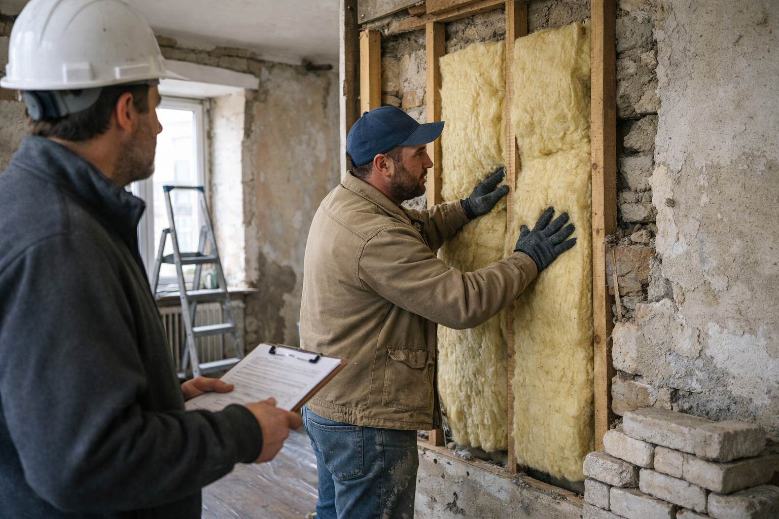 Deux ouvriers installant une isolation murale