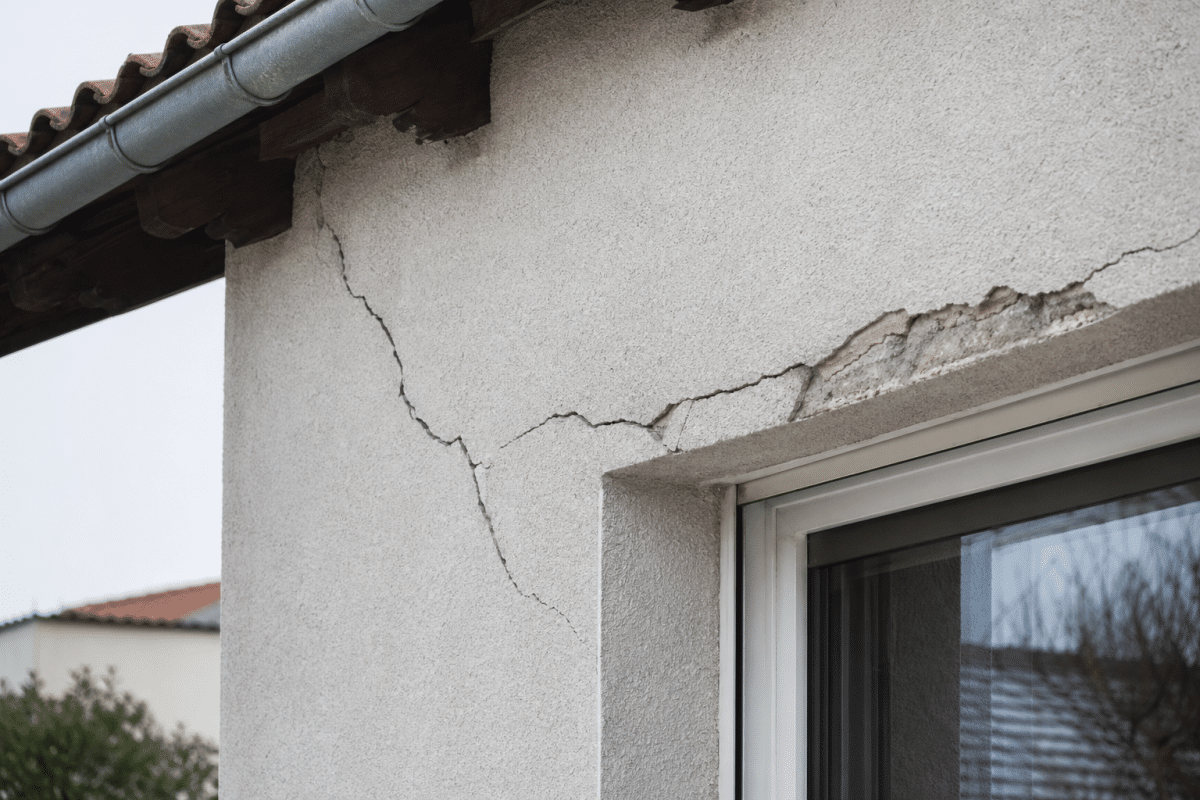 Fissure traverse façade au‑dessus d'une fenêtre