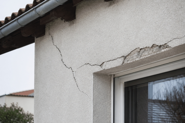 Fissure traverse façade au‑dessus d'une fenêtre