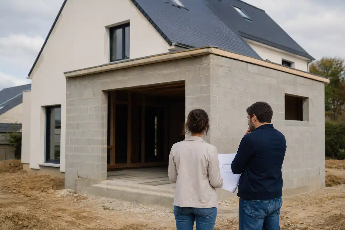 Deux personnes observant une extension de maison en construction