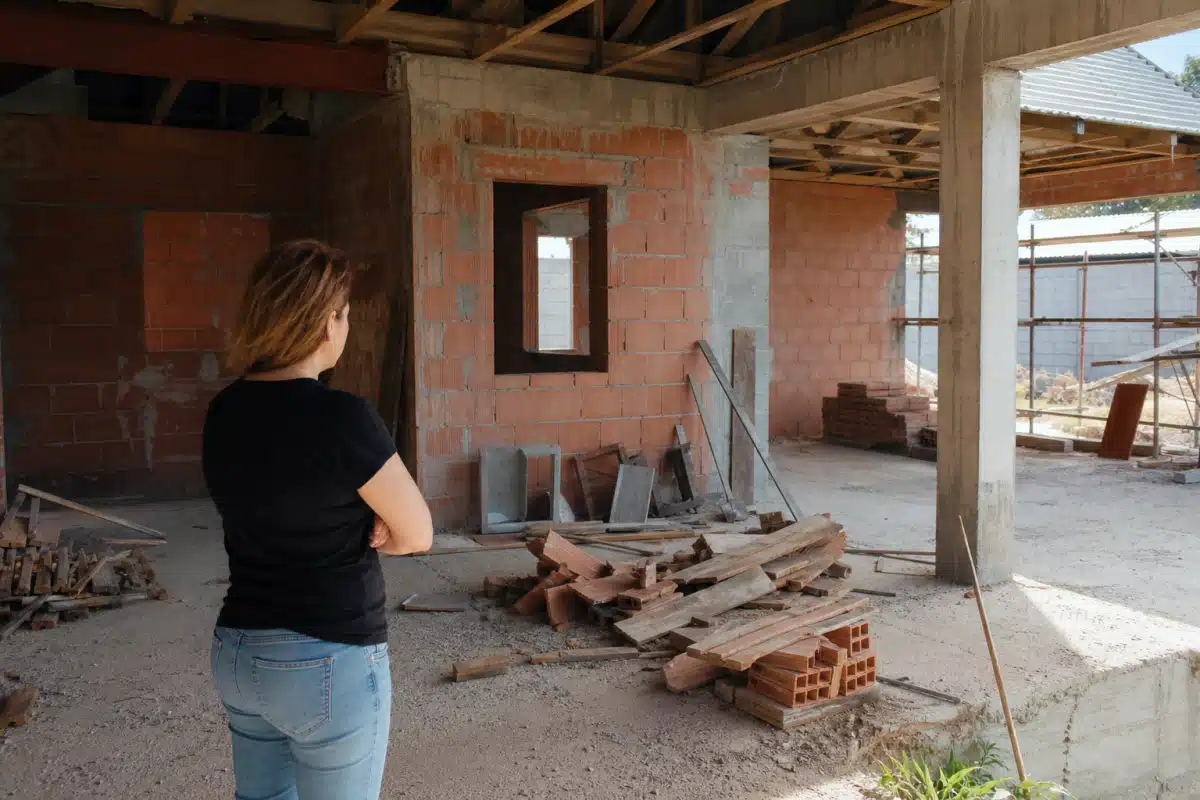Femme bras croisés observant intérieur de chantier inachevé