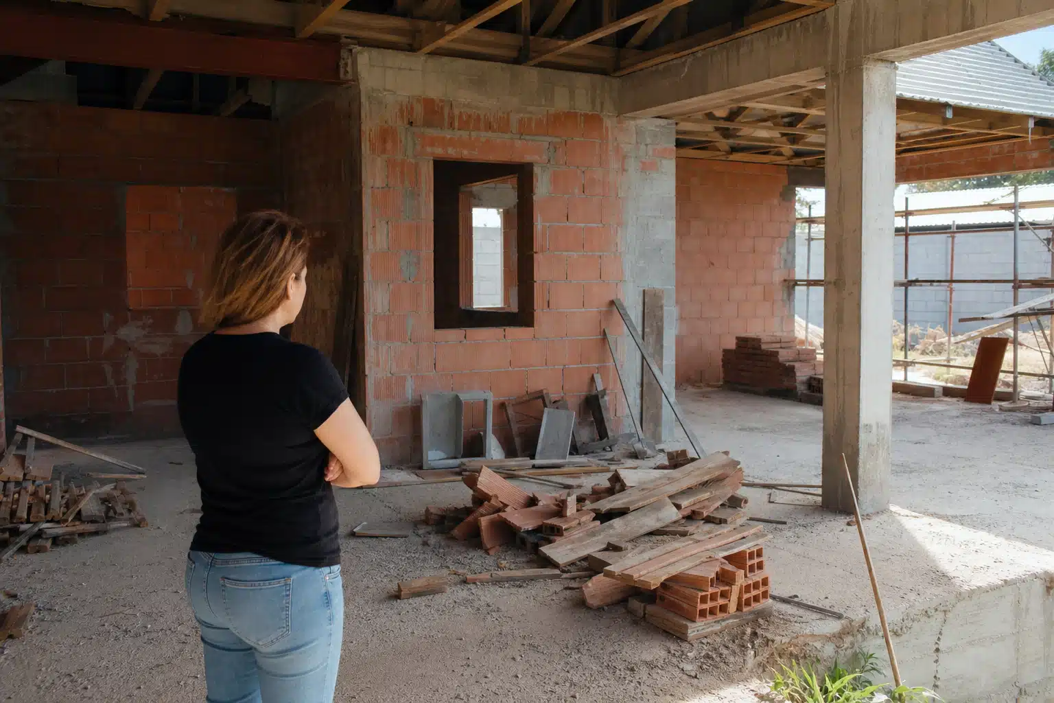 Femme bras croisés observant intérieur de chantier inachevé