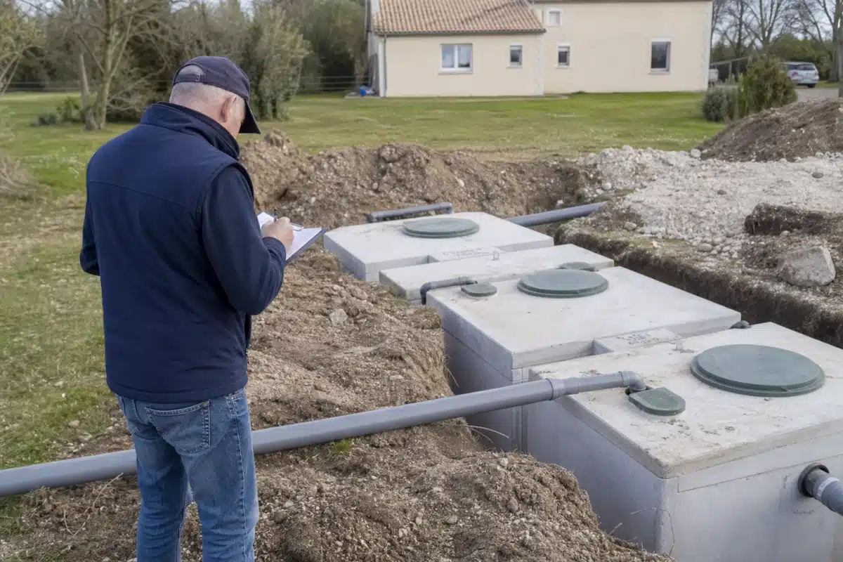 Ouvrier vérifiant fosses septiques en béton