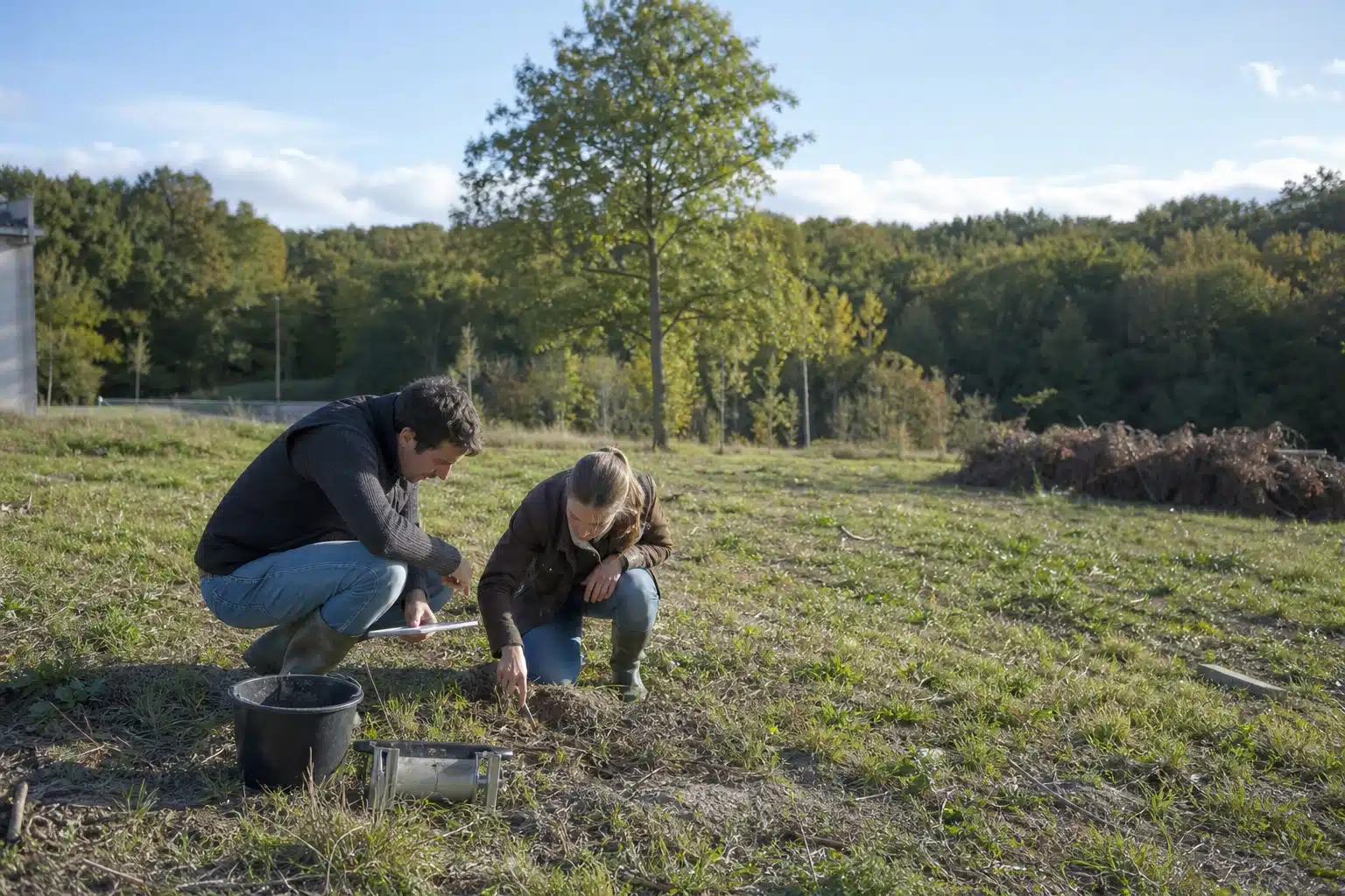 Deux personnes plantant un jeune arbre dans un champ